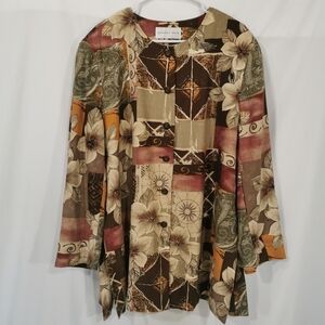 August Silk 100% Silk Collarless Patchwork Floral Button Front Jacket - Sz 18